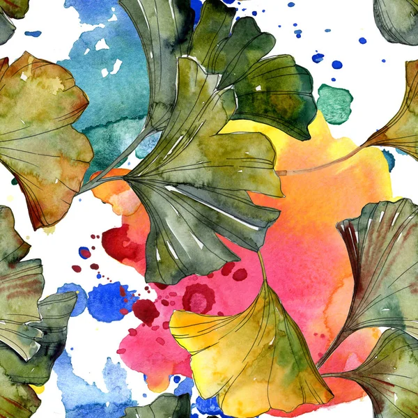 Gelbe und grüne Ginkgo Biloba-Blätter Aquarell-Illustration. nahtloses Hintergrundmuster. — Stockfoto