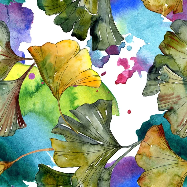 Gelbe und grüne Ginkgo Biloba-Blätter Aquarell-Illustration. nahtloses Hintergrundmuster. — Stockfoto