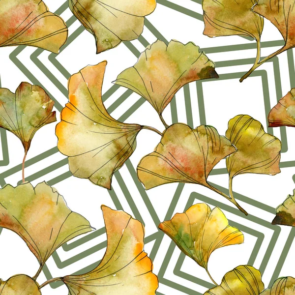 Green ginkgo biloba foliage with lines. Watercolor illustration seamless background pattern. — Stock Photo