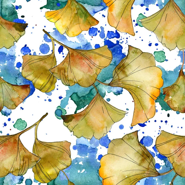 Yellow and green ginkgo biloba foliage watercolor illustration. Seamless background pattern. — Stock Photo