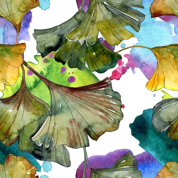 Yellow and green ginkgo biloba foliage watercolor illustration. Seamless background pattern. — Stock Photo