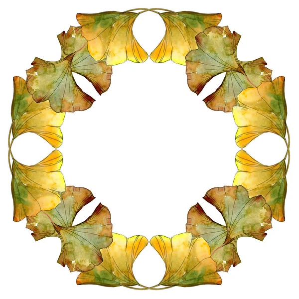 Amarillo ginkgo biloba follaje acuarela fondo ilustración conjunto. Marco ornamento borde con espacio de copia . - foto de stock