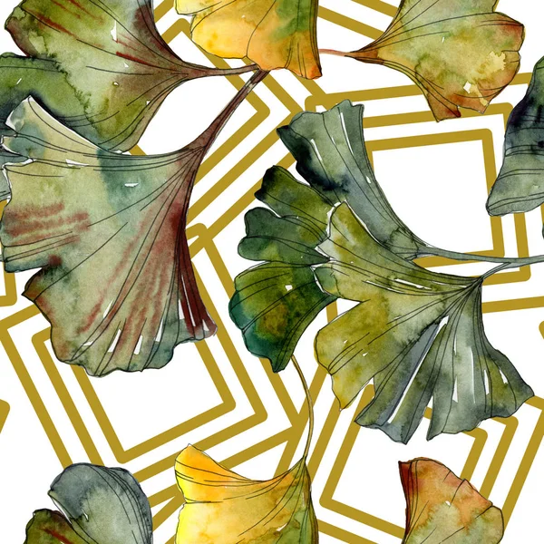 Green ginkgo biloba foliage with lines. Watercolor illustration seamless background pattern. — Stock Photo