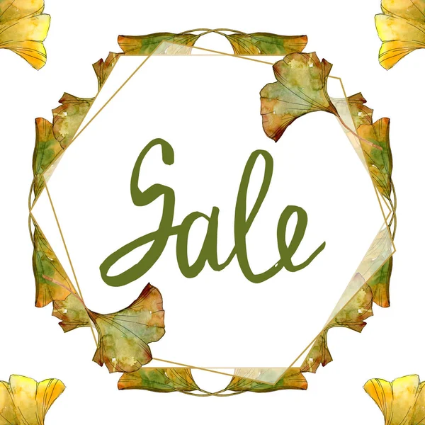 Gelbe und grüne Ginkgo Biloba Blätter Aquarell isolierte Illustration Set. Rahmen Bordüre Ornament mit Verkauf Schriftzug. — Stockfoto