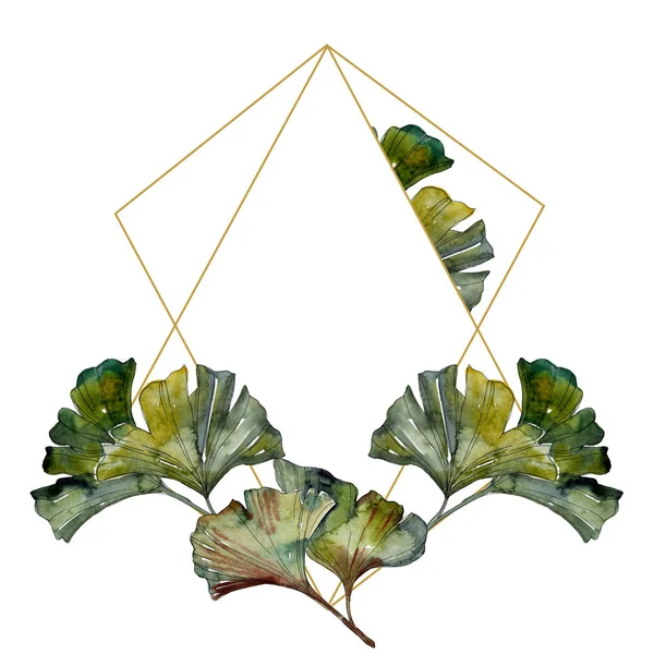 Green ginkgo biloba foliage watercolor illustration set.  Frame border ornament with copy space. — Stock Photo