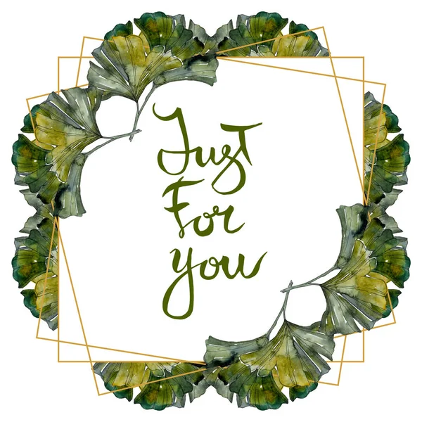 Verde ginkgo biloba follaje acuarela aislado conjunto de ilustración. Marco ornamento borde con solo para usted las letras . - foto de stock