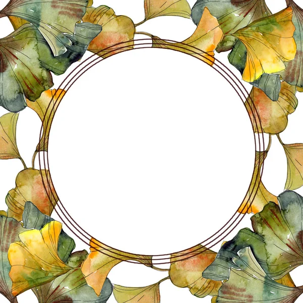 Green and golden ginkgo biloba foliage watercolor illustration set.  Frame border ornament with copy space. — Stock Photo