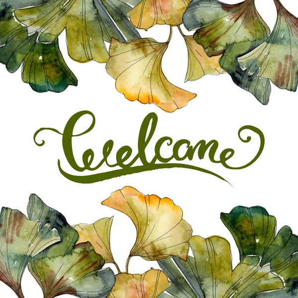 Jaune et vert ginkgo biloba foliage aquarelle isolé ensemble d'illustration. Cadre bordure ornement avec lettrage de bienvenue . — Photo de stock