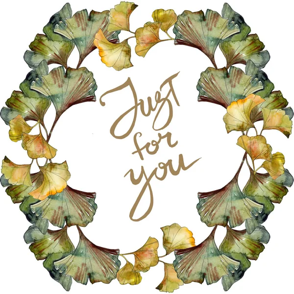 Set di illustrazioni isolate in colore giallo e verde ginkgo biloba fogliame acquerello. Ornamento bordo cornice con solo per voi lettering . — Foto stock
