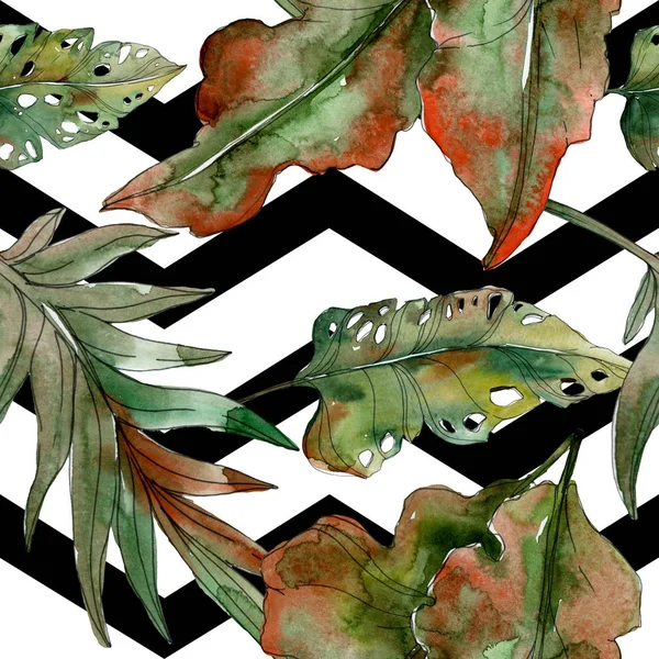 Folhas de palma exóticas tropicais verdes com linhas pretas. Watercolor ilustração sem costura fundo . — Fotografia de Stock