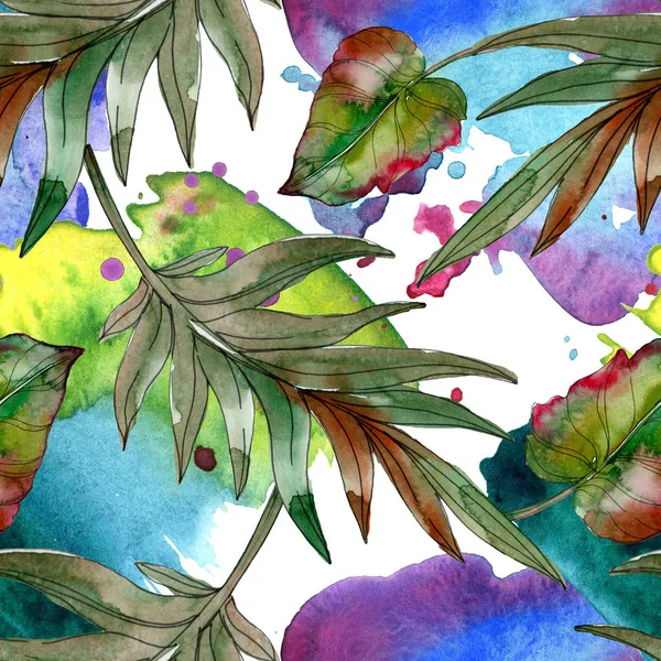 Feuilles exotiques de palmier vert tropical. Illustration aquarelle fond sans couture . — Photo de stock