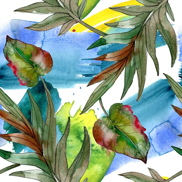 Feuilles exotiques de palmier vert tropical. Illustration aquarelle fond sans couture . — Photo de stock
