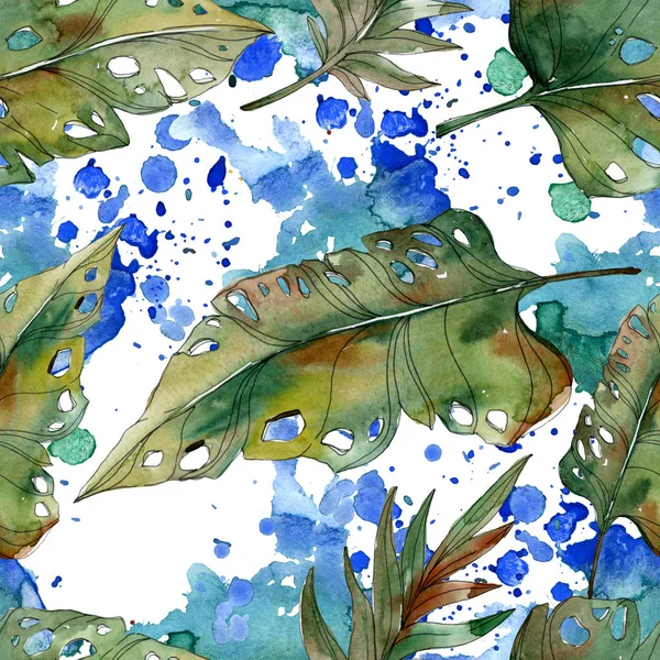 Feuilles exotiques de palmier vert tropical. Illustration aquarelle fond sans couture . — Photo de stock