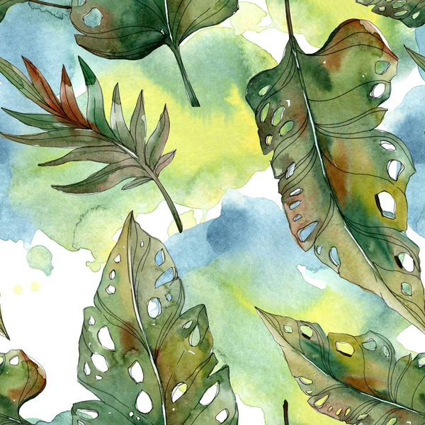Екзотичні листя тропічної зеленої пальми. Акварельні ілюстрації безшовний фон . — стокове фото