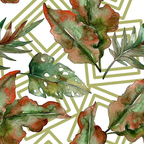 Feuilles exotiques de palmier vert tropical avec lignes. Illustration aquarelle fond sans couture . — Photo de stock