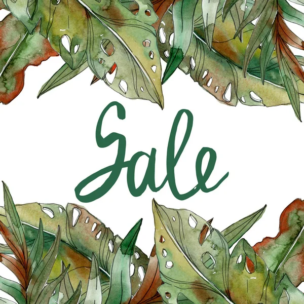 Exotic tropical green palm leaves watercolor illustration with sale lettering. — Stock Photo