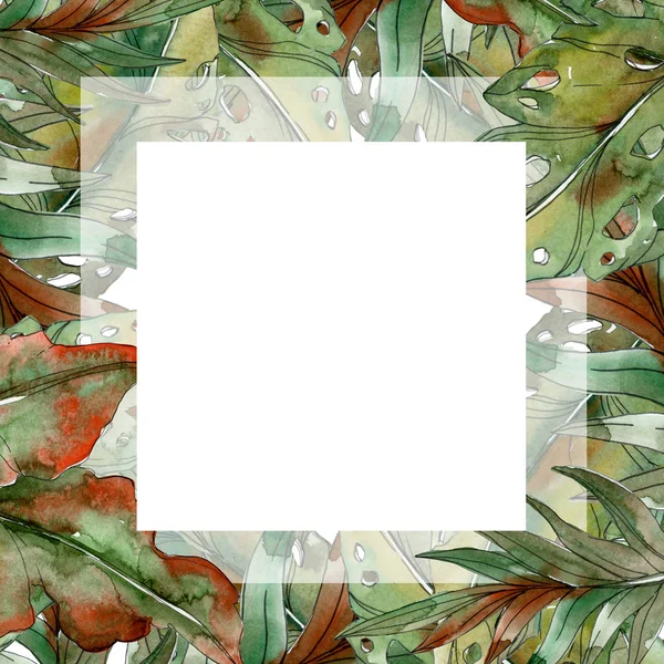 Exotic tropical green palm leaves square frame with copy space. Watercolor ilustração fundo . — Fotografia de Stock