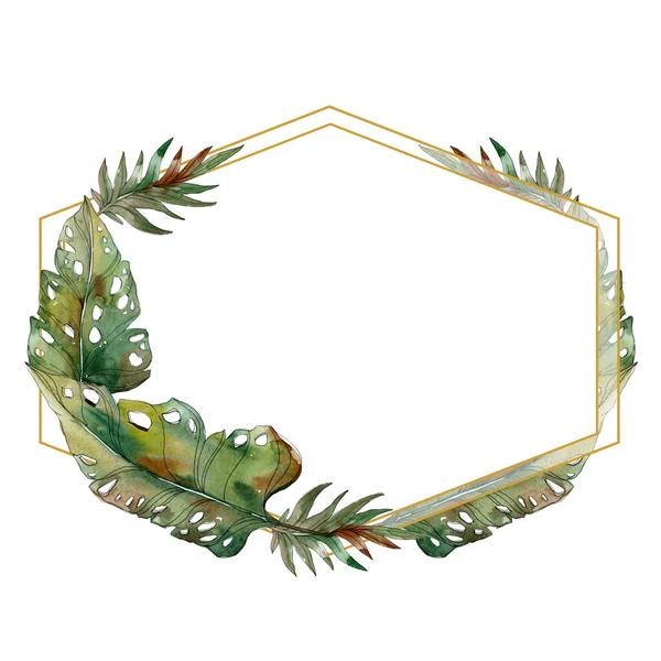 Exotic tropical green palm leaves frame with copy space. Watercolor illustration background. — Stock Photo