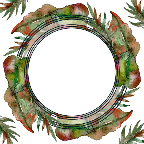 Exotic tropical green palm leaves round frame with copy space. Watercolor illustration background. — Stock Photo