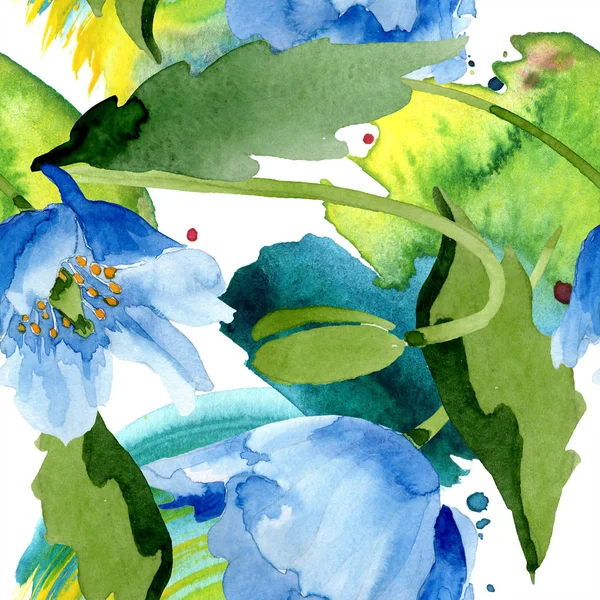 Blue poppies with leaves isolated on white. Watercolor illustration set. — Stock Photo