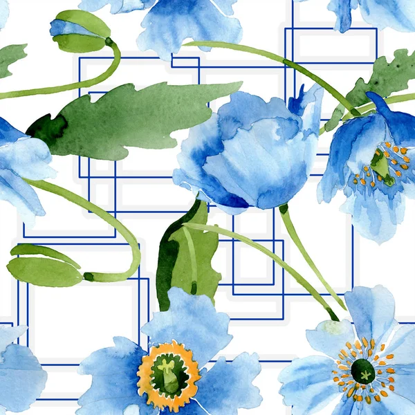Amapolas azules con hojas y líneas aisladas en blanco. Juego de ilustración en acuarela . - foto de stock