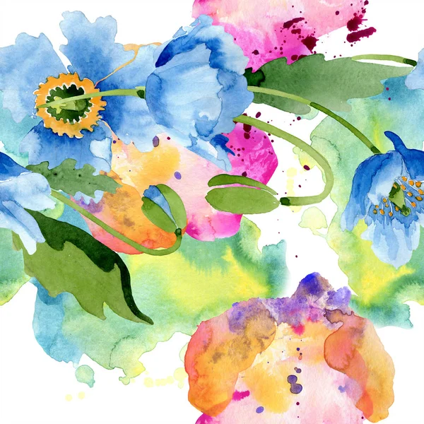 Blauer Mohn mit Blättern und Knospen, isoliert auf weiß. Aquarell-Illustrationsset. — Stockfoto