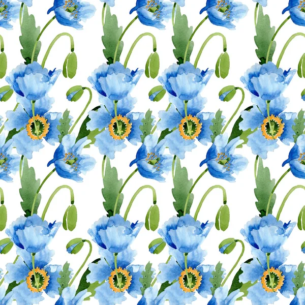Coquelicots bleus avec des feuilles et des bourgeons fond sans couture. Ensemble d'illustration aquarelle . — Photo de stock