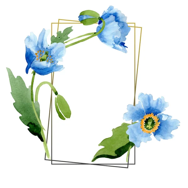 Blue poppies, leaves and buds with frame isolated on white. Watercolor illustration set. — Stock Photo
