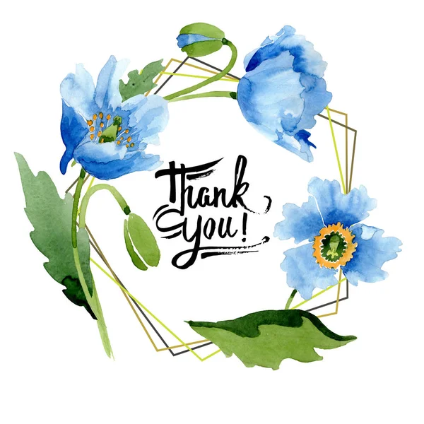 Blue poppies, leaves and buds with thank you lettering isolated on white. Watercolor illustration set. — Stock Photo