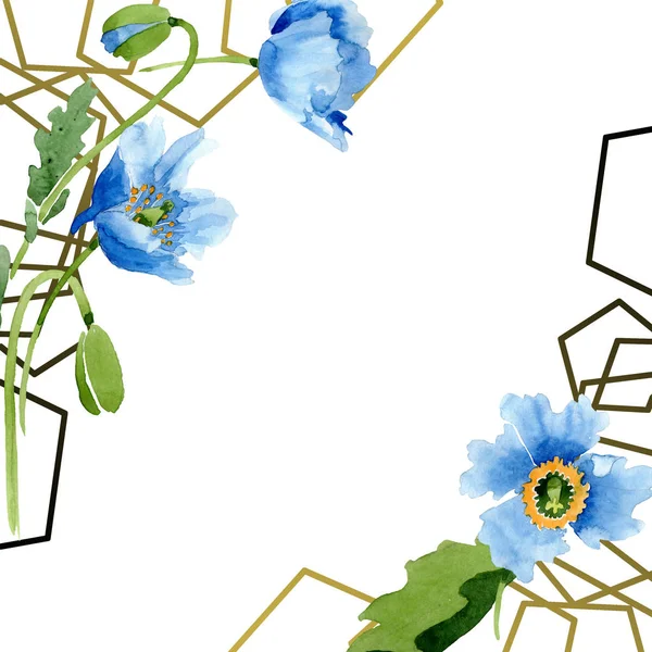 Coquelicots bleus, feuilles et bourgeons encadrent avec espace de copie isolé sur blanc. Ensemble d'illustration aquarelle . — Photo de stock