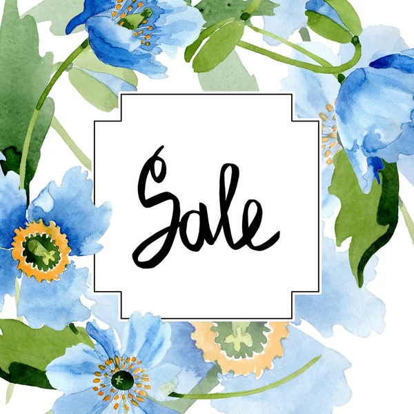 Blue poppies, leaves and buds with sale lettering in square frame isolated on white. Watercolor illustration set. — Stock Photo