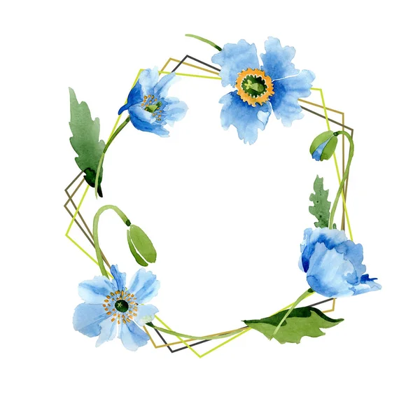 Blue poppies, leaves and buds frame isolated on white. Watercolor illustration set. — Stock Photo