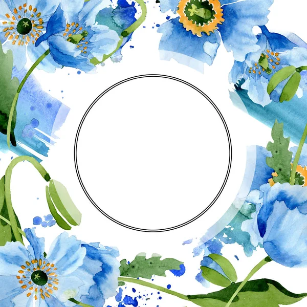 Blue poppies, leaves and buds near round frame isolated on white. Watercolor illustration set. — Stock Photo