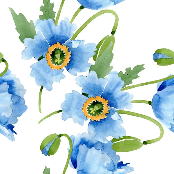 Blue poppies, leaves and buds isolated on white. Watercolor illustration seamless background. — Stock Photo