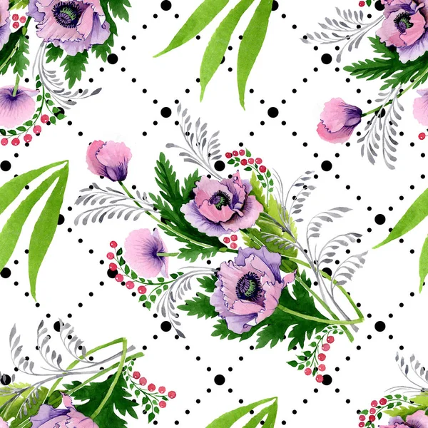 Pink and purple poppies watercolor illustration set. Seamless background pattern. Fabric wallpaper print texture. — Stock Photo