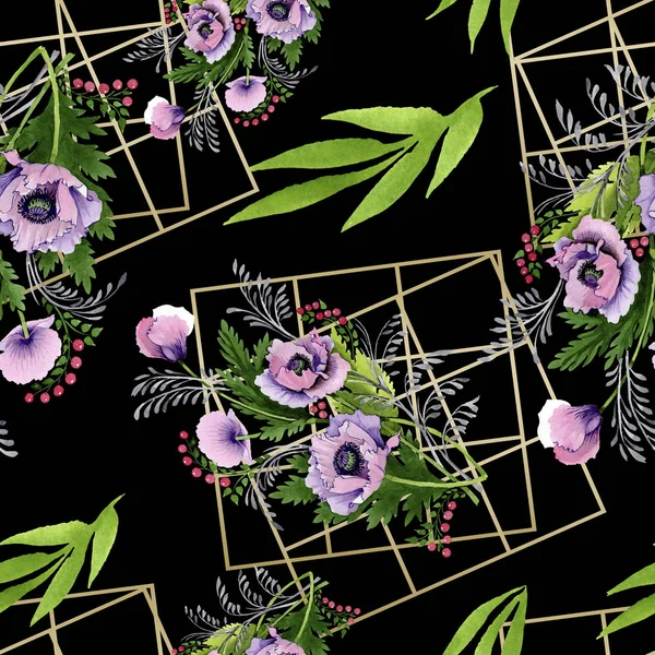 Rosa y púrpura amapolas conjunto de ilustración de acuarela. Patrón de fondo sin costuras. Textura de impresión de papel pintado de tela . - foto de stock