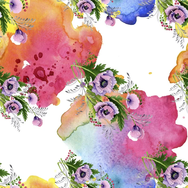 Ensemble d'illustration aquarelle de coquelicots roses et violets. Modèle de fond sans couture. Texture d'impression papier peint tissu . — Photo de stock