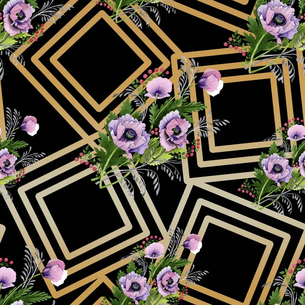 Set illustrazione acquerello papaveri rosa e viola. Modello di sfondo senza soluzione di continuità. Tessuto carta da parati stampa texture . — Foto stock
