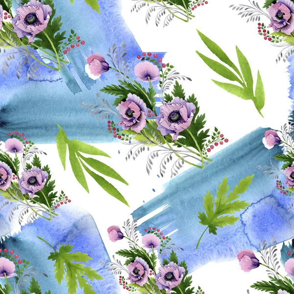 Pink and purple poppies watercolor illustration set. Seamless background pattern. Fabric wallpaper print texture. — Stock Photo
