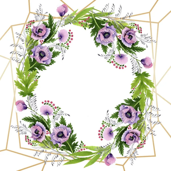 Coquelicots roses et violets isolés sur blanc. Ensemble d'illustration de fond aquarelle. Cadre bordure ornement avec espace de copie . — Photo de stock