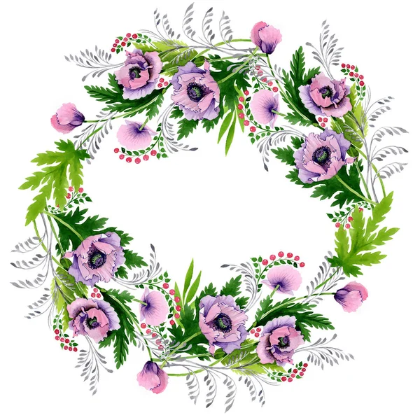 Amapolas rosadas y púrpuras aisladas en blanco. Conjunto de ilustración de fondo acuarela. Marco ornamento borde con espacio de copia . - foto de stock