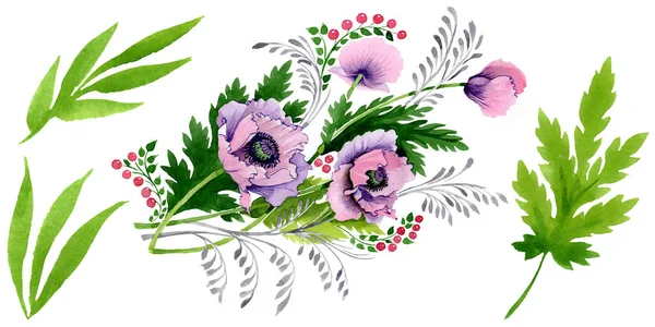 Amapolas rosadas y púrpuras aisladas en blanco. Acuarela fondo ilustración conjunto . - foto de stock