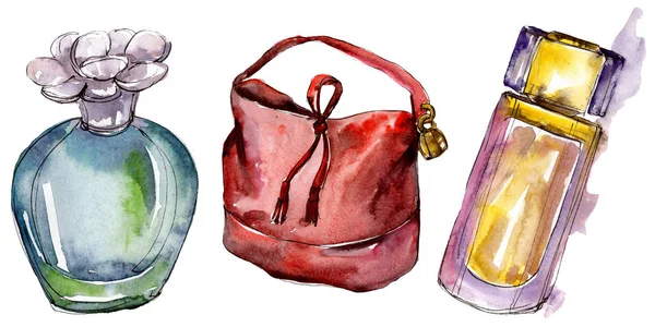 Parfume and bag sketch fashion glamour illustration in a watercolor style isolated. Watercolour clothes accessories set trendy vogue outfit. Aquarelle fashion sketch for background, texture. — Stock Photo