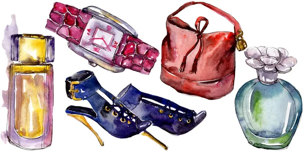 Shoes, watch, parfum and bag sketch fashion glamour illustration in a watercolor style isolated. Watercolour clothes accessories set trendy vogue outfit. Aquarelle sketch for background, texture. — Stock Photo