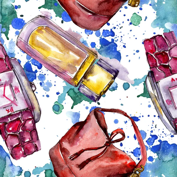 Parfume, watch, shoes and bag sketch fashion glamour illustration in a watercolor style. Watercolour clothes accessories set trendy vogue outfit. Aquarelle fashion sketch for seamless pattern. — Stock Photo
