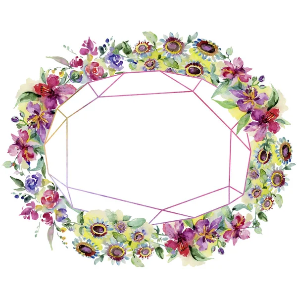 Bouquets floreale fiore botanico. Fiore selvatico primaverile isolato. Acquerello sfondo illustrazione set. Acquerello disegno moda acquerello isolato. Quadrato ornamento bordo cornice . — Foto stock