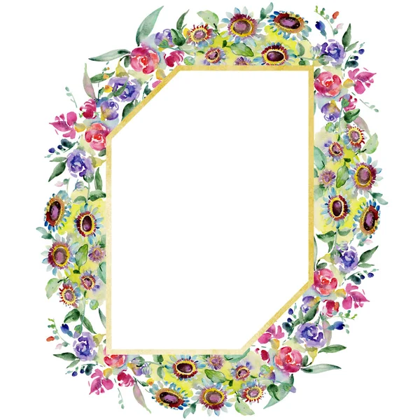 Ramos de flores botánicas florales. Flor silvestre de hoja de primavera aislada. Conjunto de ilustración de fondo acuarela. Acuarela dibujo moda acuarela aislado. Marco borde ornamento cuadrado . - foto de stock