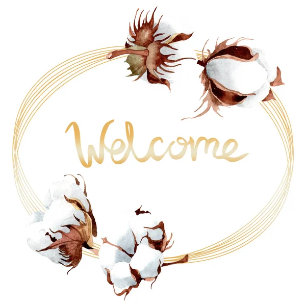 Baumwolle Blumen botanische Blume. wildes Frühlingsblatt Wildblume isoliert. Aquarell Hintergrundillustration Set. Aquarellzeichnung Modeaquarell isoliert. Rahmen Rand Ornament Quadrat. — Stockfoto
