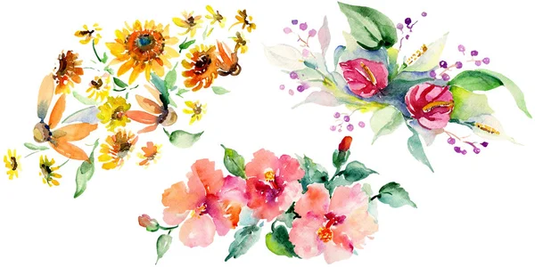 Mazzi di fiori botanici floreali rossi, gialli e arancioni. Foglia selvatica primaverile isolata. Set sfondo acquerello. Acquerello disegno moda acquerello. Elemento di illustrazione bouquet isolato . — Foto stock