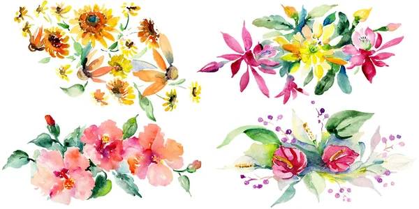 Mazzi di fiori botanici floreali rossi, gialli e arancioni. Foglia selvatica primaverile isolata. Set sfondo acquerello. Acquerello disegno moda acquerello. Elemento di illustrazione bouquet isolato . — Foto stock